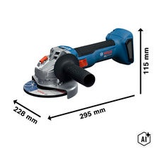 Bosch Professional accu haakse slijper met afmetingen (Image AI modified or generated)