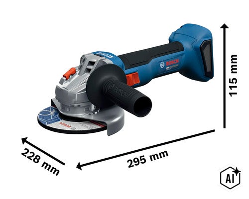 Bosch Professional accu haakse slijper met afmetingen (Image AI modified or generated)