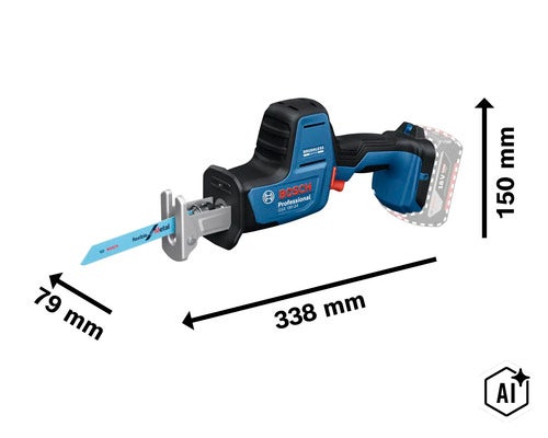 Bosch Professional accu reciprozaag GSA 18V 24 met afmetingen in millimeters (Image AI modified or generated)