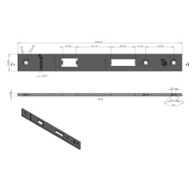 Technische tekening van een Aron sluitplaat met afmetingen en verschillende aanzichten voor montage.