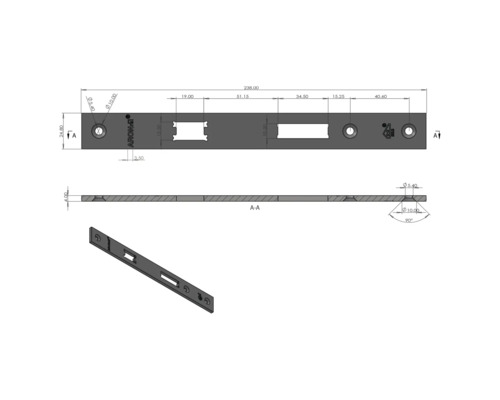 Technische tekening van een Aron sluitplaat met afmetingen en verschillende aanzichten voor montage.