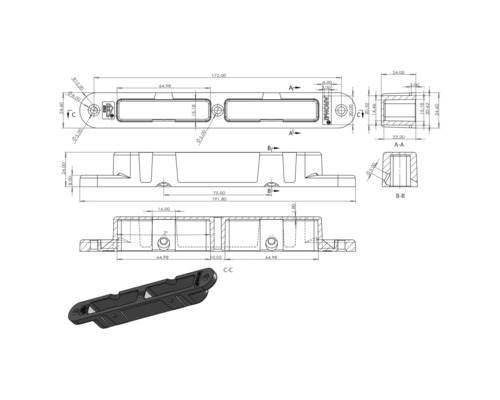 Technische tekening met afmetingen van een Aron Holz greeplijst voor meubels, inclusief perspectivische weergave van het onderdeel.
