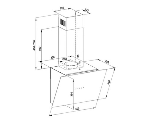 Technische tekening van een afzuigkap met afmetingen