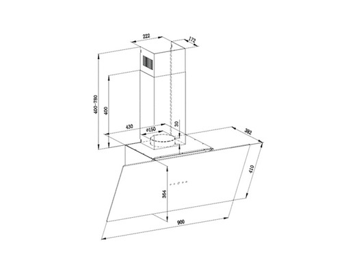 Technische tekening van een afzuigkap met maatvoering