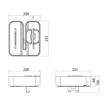 Technische tekening van een zeepdispenser met afmetingen.