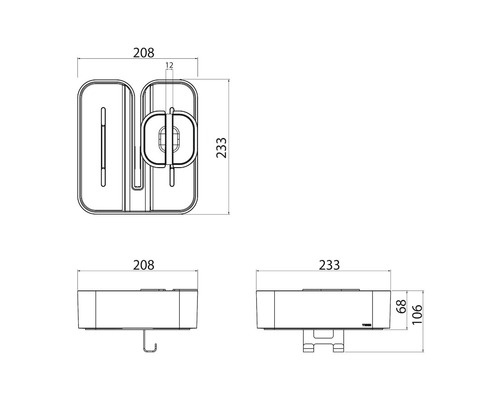 Technische tekening van een zeepdispenser met afmetingen.