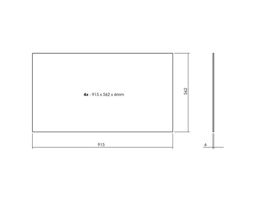 Technische tekening van de spiegelafmetingen 915 x 562 x 6 millimeter