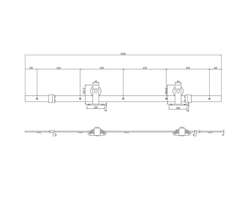 Technische tekening van een schuifdeursysteem met maatvoering
