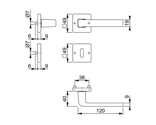 Technische tekening van een deurkruk met maatvoering