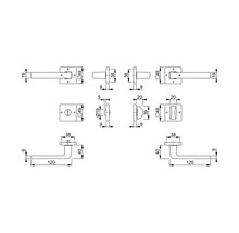 Technische tekening van een deurklinkset met afmetingen