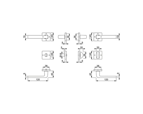 Technische tekening van een deurklinkset met afmetingen