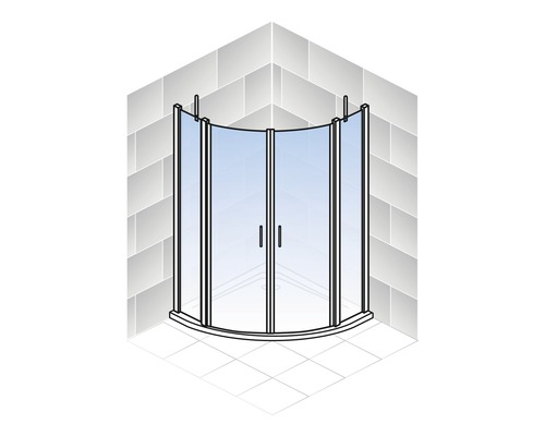 Hoekdouche met glazen deuren in een badkameromgeving