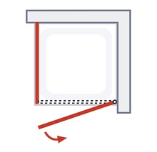 Diagram van een scharnierende douchedeur met draaipunt en pijl die de openingsrichting aangeeft