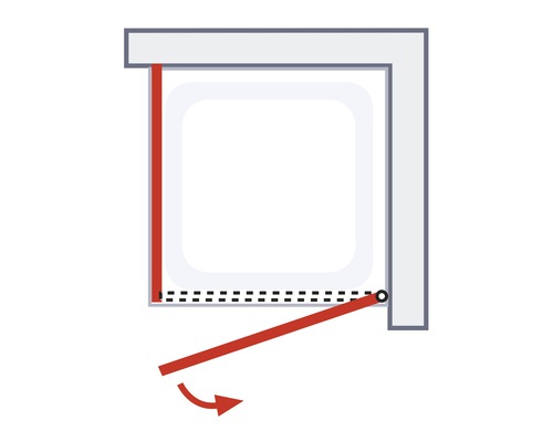 Diagram van een scharnierende douchedeur met draaipunt en pijl die de openingsrichting aangeeft