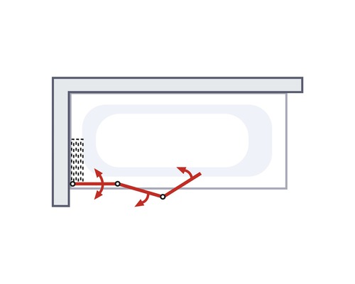 Grafische weergave van een badwand met draaibereik