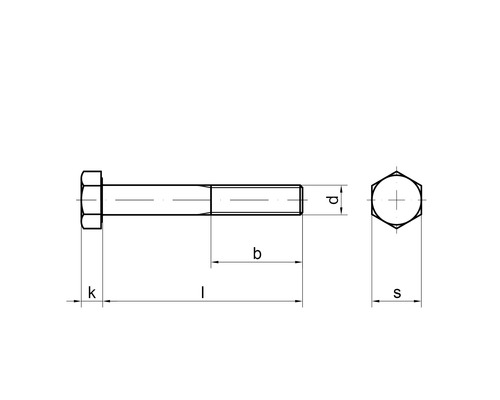 Technische tekening van een zeskantbout met afmetingen