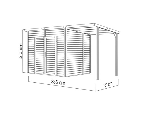 Tekening van een tuinhuis met luifel en maatvoering