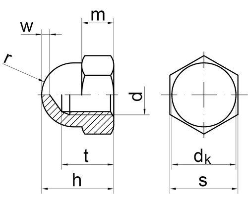 Technische tekening van een dopmoer met afmetingen