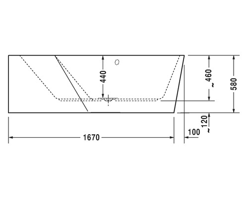 Technische tekening van een ligbad met maatvoering