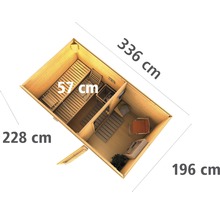 Bovenaanzicht van een tuinsauna met afmetingen van 336 bij 228 bij 196 centimeter en een bankbreedte van 57 centimeter.