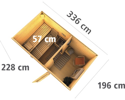 Bovenaanzicht van een tuinsauna met afmetingen van 336 bij 228 bij 196 centimeter en een bankbreedte van 57 centimeter.