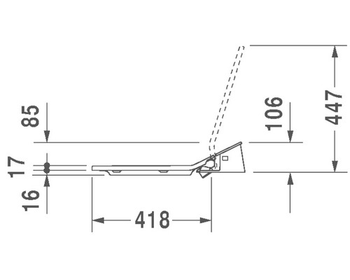 Technische tekening van een toiletbril met maatvoering