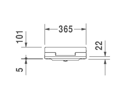 Technische tekening met afmetingen van een toiletdeksel: 365 mm breed, 101 mm hoog, 22 mm diep, afstand 5 mm.