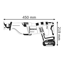 Afbeelding van de afmetingen van de reciprozaag met een lengte van 450 millimeter en een hoogte van 219 millimeter.