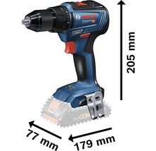Bosch accuboormachine met afmetingen 205 mm hoogte, 77 mm breedte en 179 mm lengte.