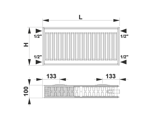 Maatschets van een radiator met lengte, hoogte en aansluitmaten