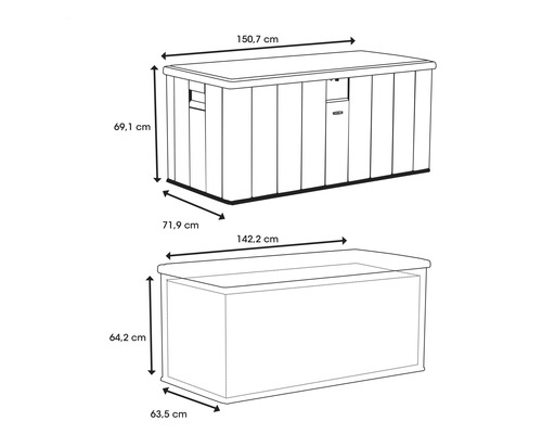 Technische tekening van een opbergbox met afmetingen