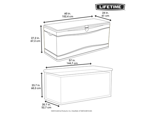 Afmetingen van een Lifetime opbergbox als schematische tekening.