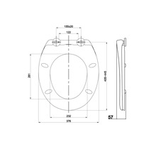 Technische tekening van een toiletbril met afmetingen