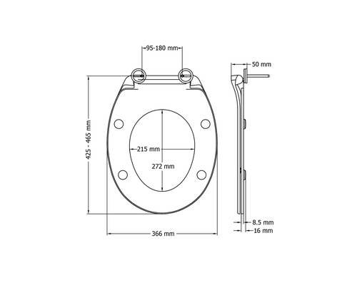 Technische tekening van een toiletzitting met afmetingen