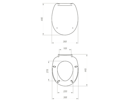 Technische tekening van een toiletzitting met afmetingen