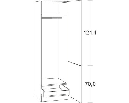 Tekening van een open kledingkast met plank, lade en kledingroede