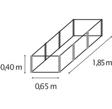 Illustratie van een verhoogde tuinbak met afmetingen van 0,40 meter hoog, 0,65 meter breed en 1,85 meter lang