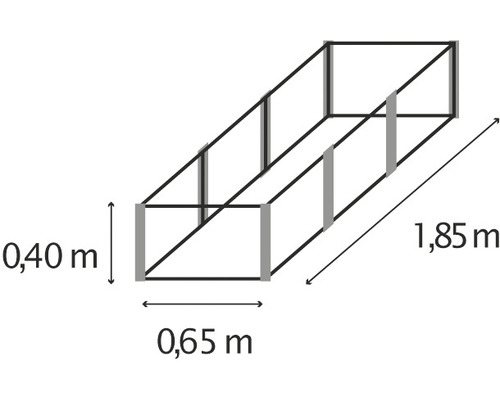 Illustratie van een verhoogde tuinbak met afmetingen van 0,40 meter hoog, 0,65 meter breed en 1,85 meter lang