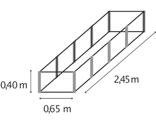 Bovenaanzicht van een bouwpakket voor een verhoogde tuinbak met afmetingen van 0,40 meter bij 0,65 meter bij 2,45 meter.