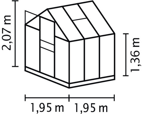 Technische tekening van een kas met afmetingen van 1,95 meter maal 1,95 meter grondoppervlak, 1,36 meter zijhoogte en 2,07 meter totale hoogte.