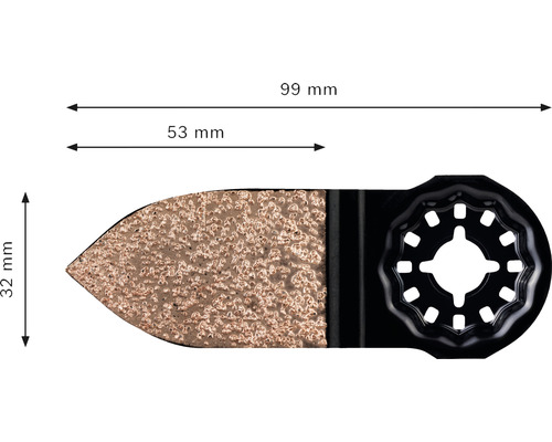 Oscillerend zaagblad met afmetingen 99 mm lang, 53 mm breed en 32 mm hoog.