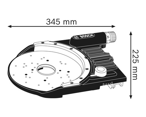 Bosch logo. Illustratie van een Bosch bovenfreesadapterplaat met maataanduidingen 345 mm breed en 225 mm hoog.