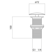 Technische tekening van een wastafelstop met afmetingen 72 mm diameter en 100 mm hoogte