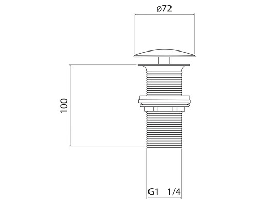 Technische tekening van een wastafelstop met afmetingen 72 mm diameter en 100 mm hoogte, en G1 1/4 inch schroefdraad