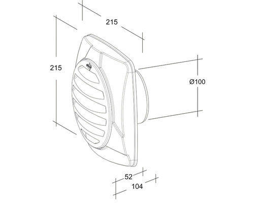 Technische tekening van een wandventilator met afmetingen