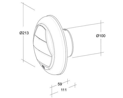 Technische tekening van een rond schotelventiel met de afmetingen 213 millimeter, 100 millimeter, 59 millimeter en 111 millimeter.