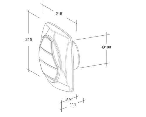 Technische tekening van een wandventilator met maatvoering