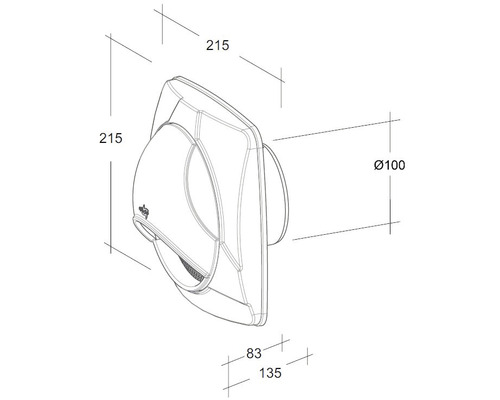 Technische tekening van een ventilator met afmetingen