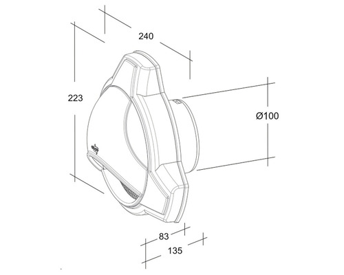 Technische tekening van een wandventilator met afmetingen