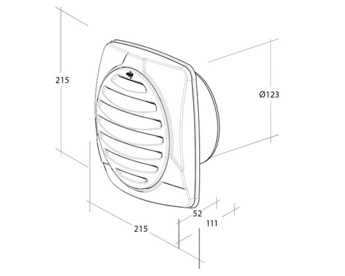 Technische tekening van een wandventilator met maatvoering